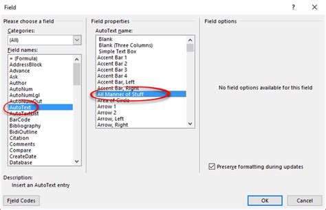 List of field codes in Word